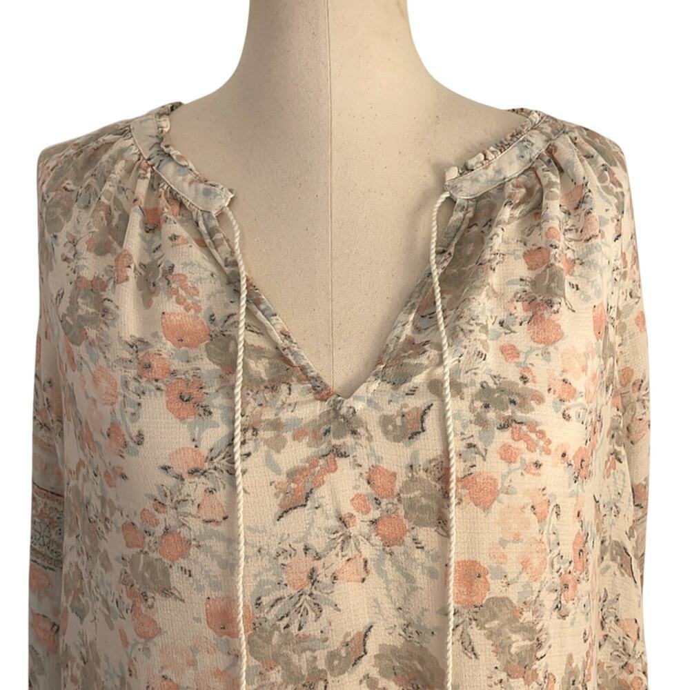 Lucky Brand Cream Floral Long Sleeve Tie Front Peasant Top | Size L/G - Picture 2 of 6